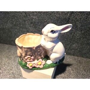 Vintage Spring Easter Garden Bunny Rabbit Painted Flower Planter Signed CB